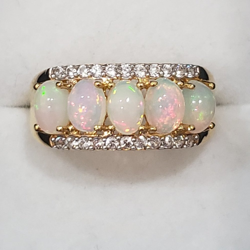 Ethiopian Welo Opal & White Zircon band ring sz 8